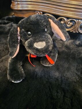 Two Blind Brothers Beacon Black Dog Plush Stuffed Animal Red Ribbon Soft Toy